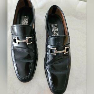 Salvatore Ferragamo Men's Black Calfskin Slip-Ons Gancini Ornament